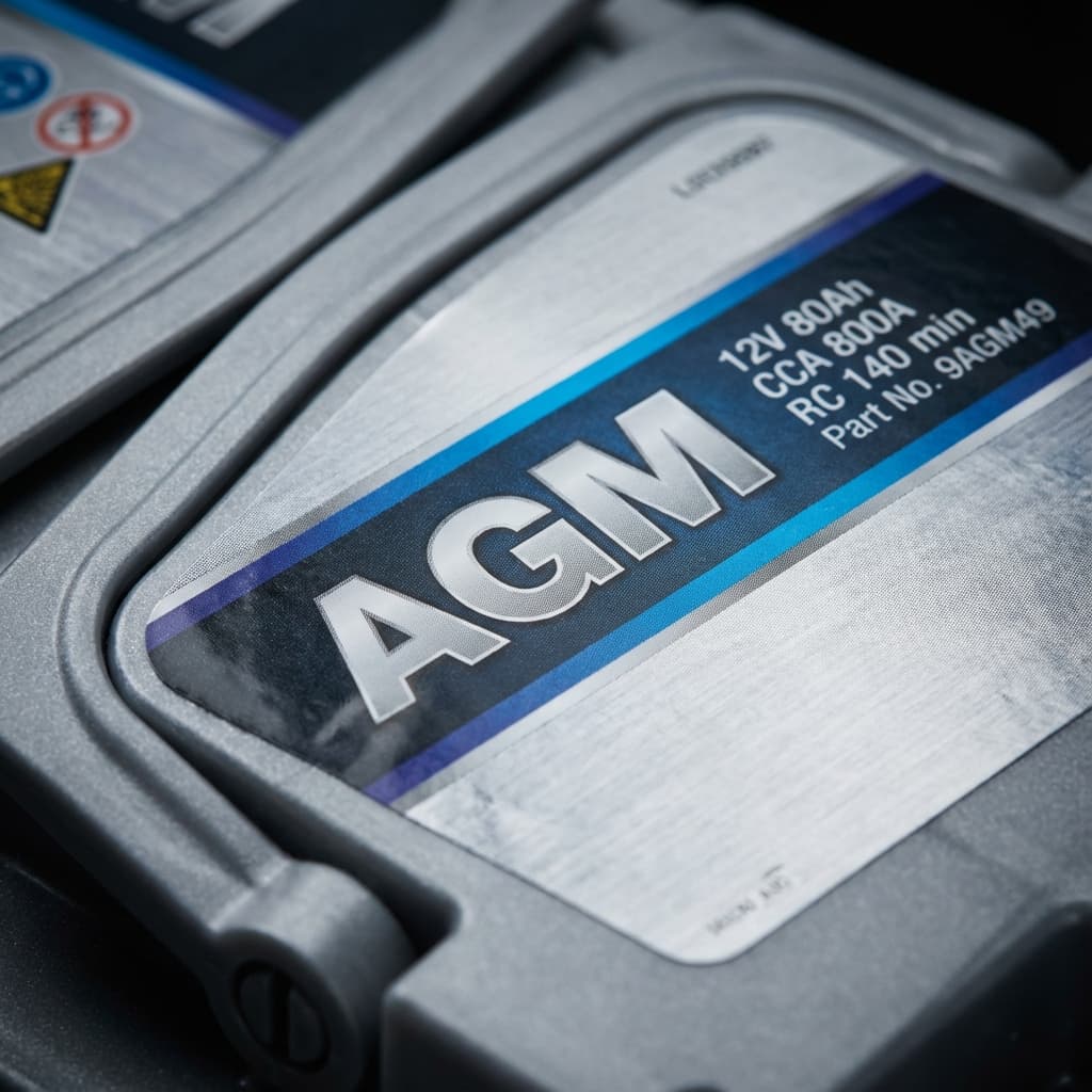Close-up of AGM battery label showing technical details.