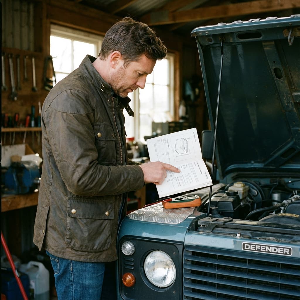 Person checking car owner manual for battery fitment.