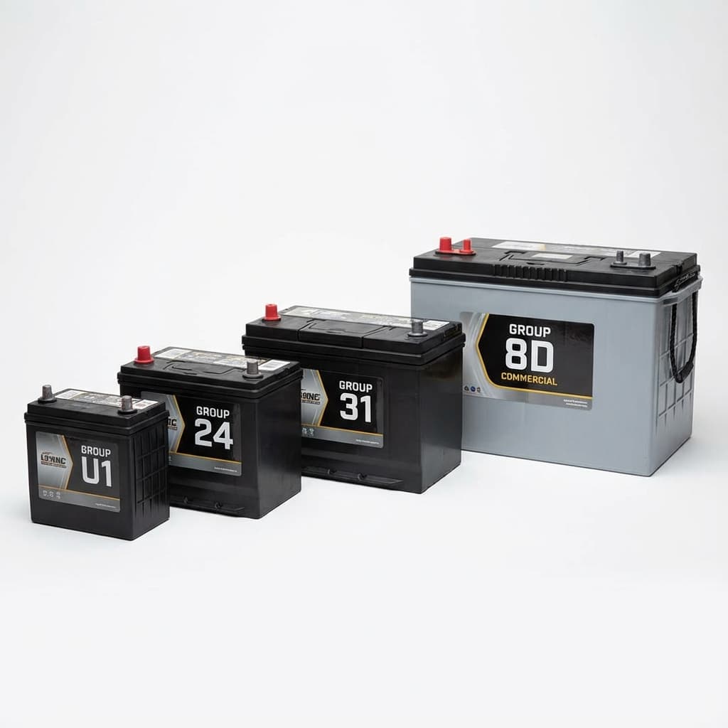 Car batteries of different group sizes showing size comparison.