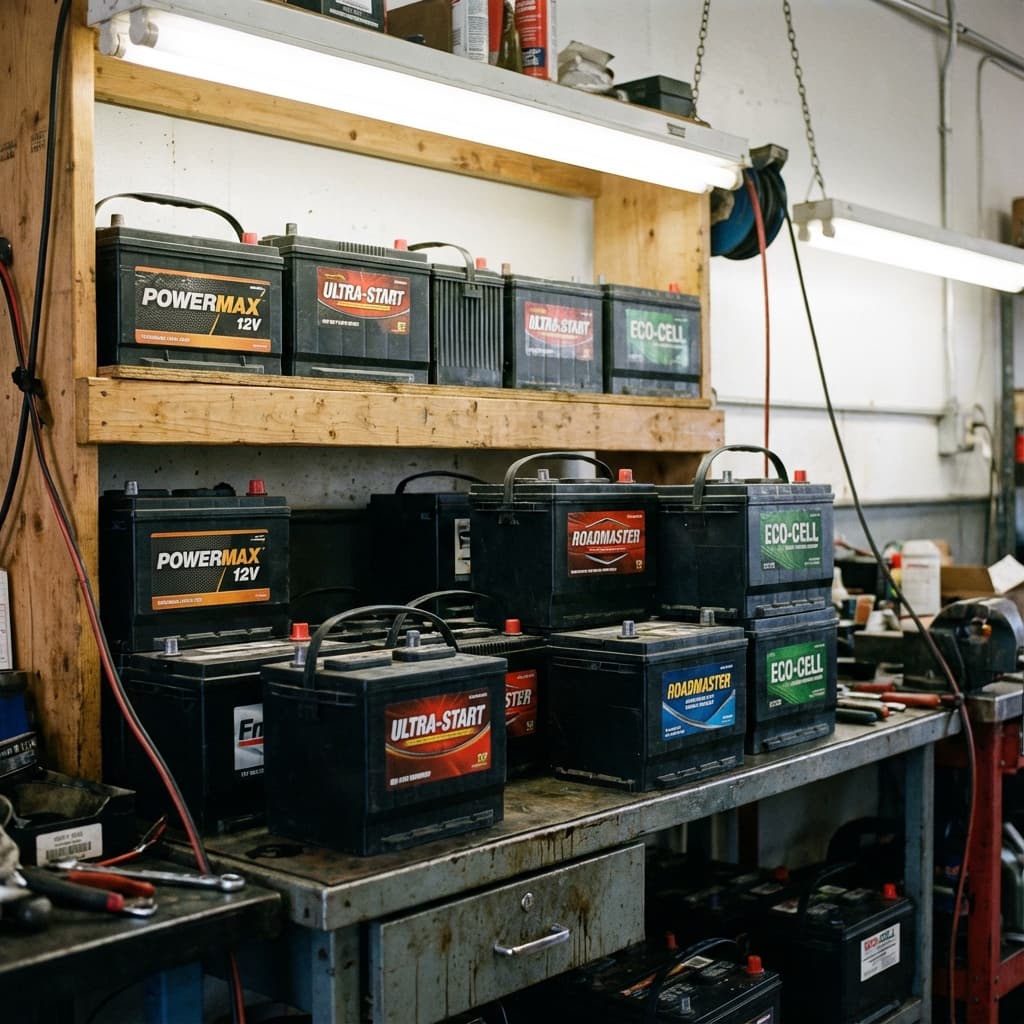 Affordable car batteries displayed on a workshop shelf.