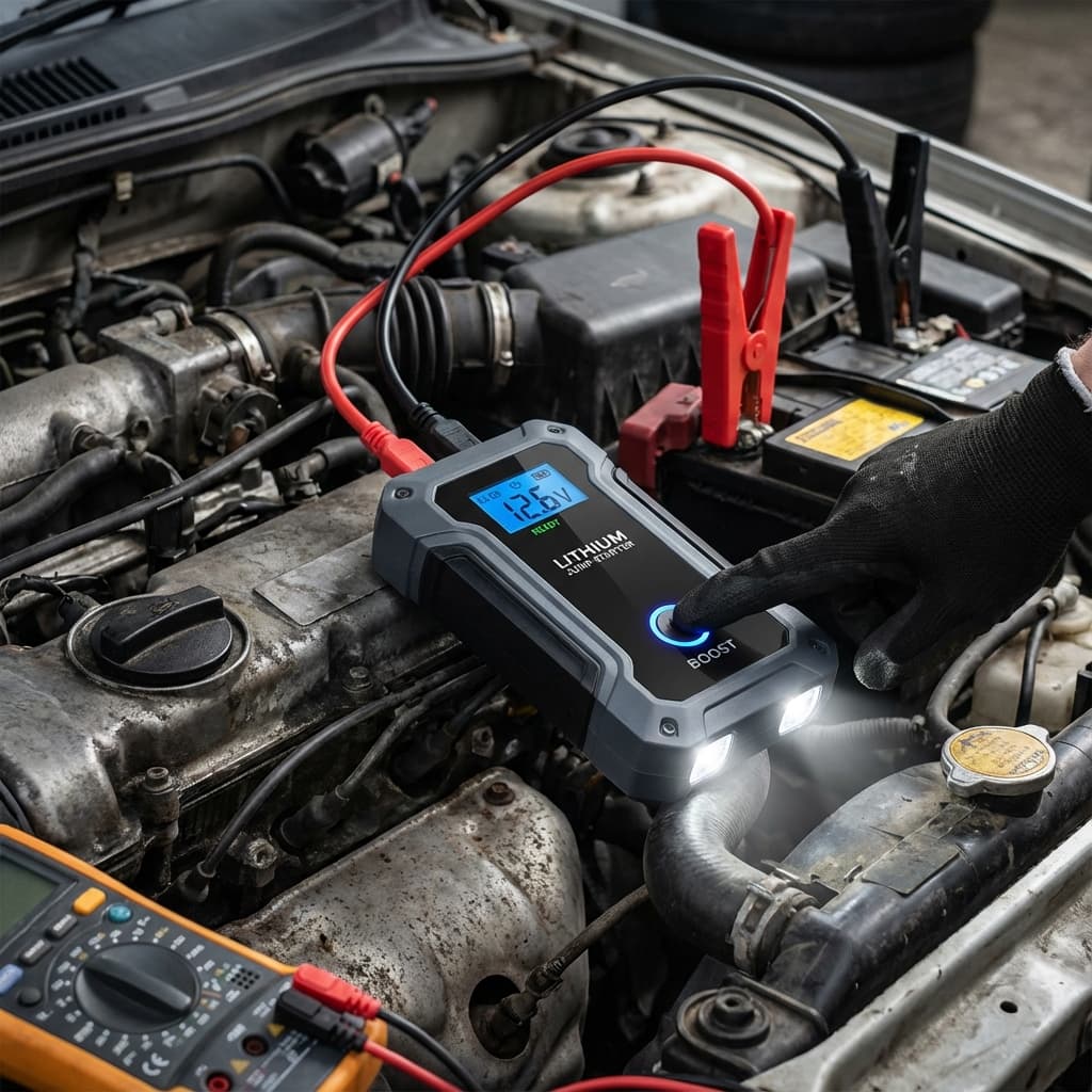 Lithium jump starter pack boosting a car battery.