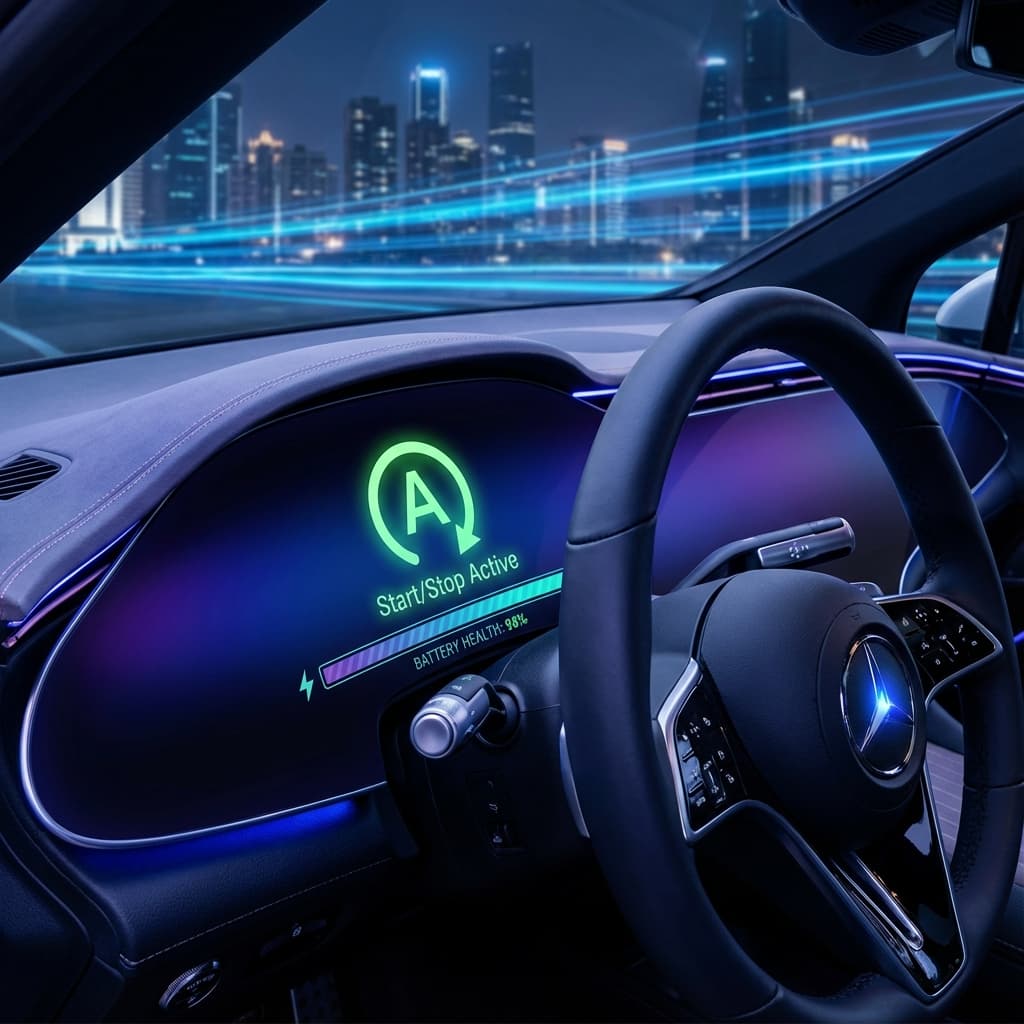 Modern car dashboard showing Start/Stop active indicator.