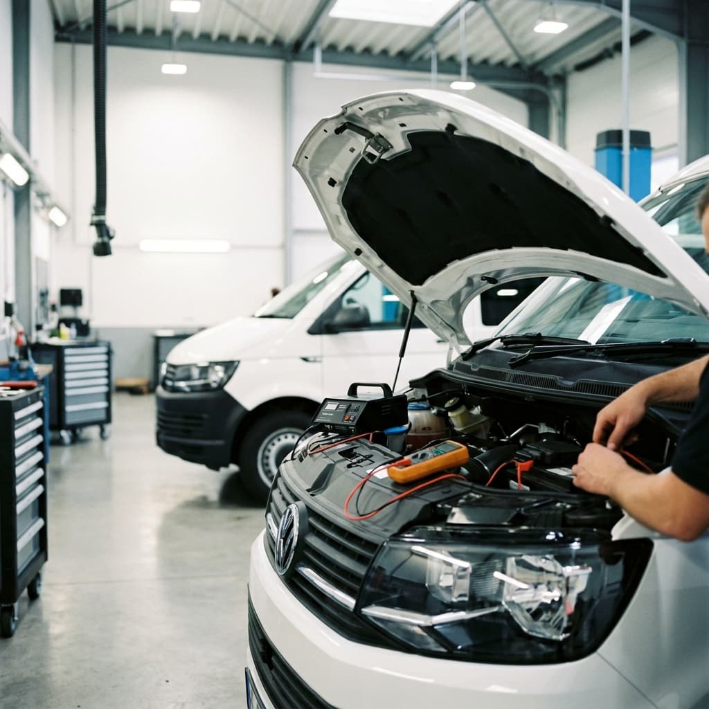VW Transporter T6 with hood open in a garage, mechanic working on battery.