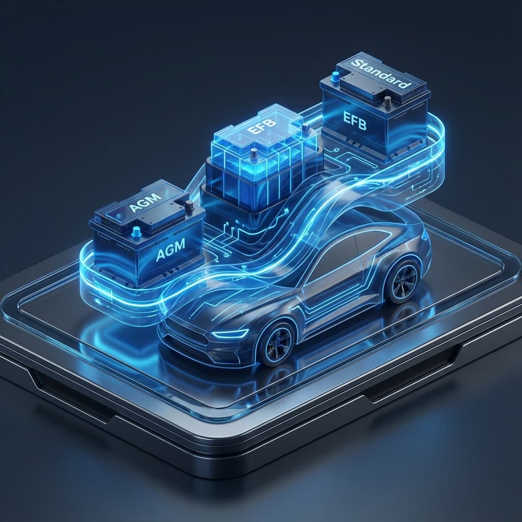 Interactive battery type picker tool showing AGM, EFB, and Standard battery options.
