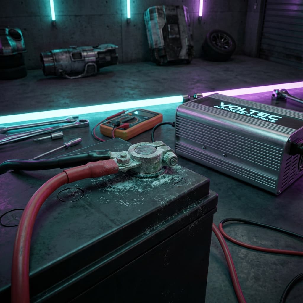 Car battery inspection showing terminals and casing