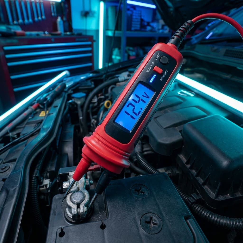 Digital multimeter testing car battery voltage
