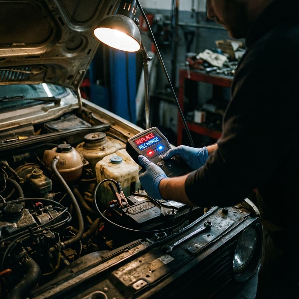 Digital battery tester screen.