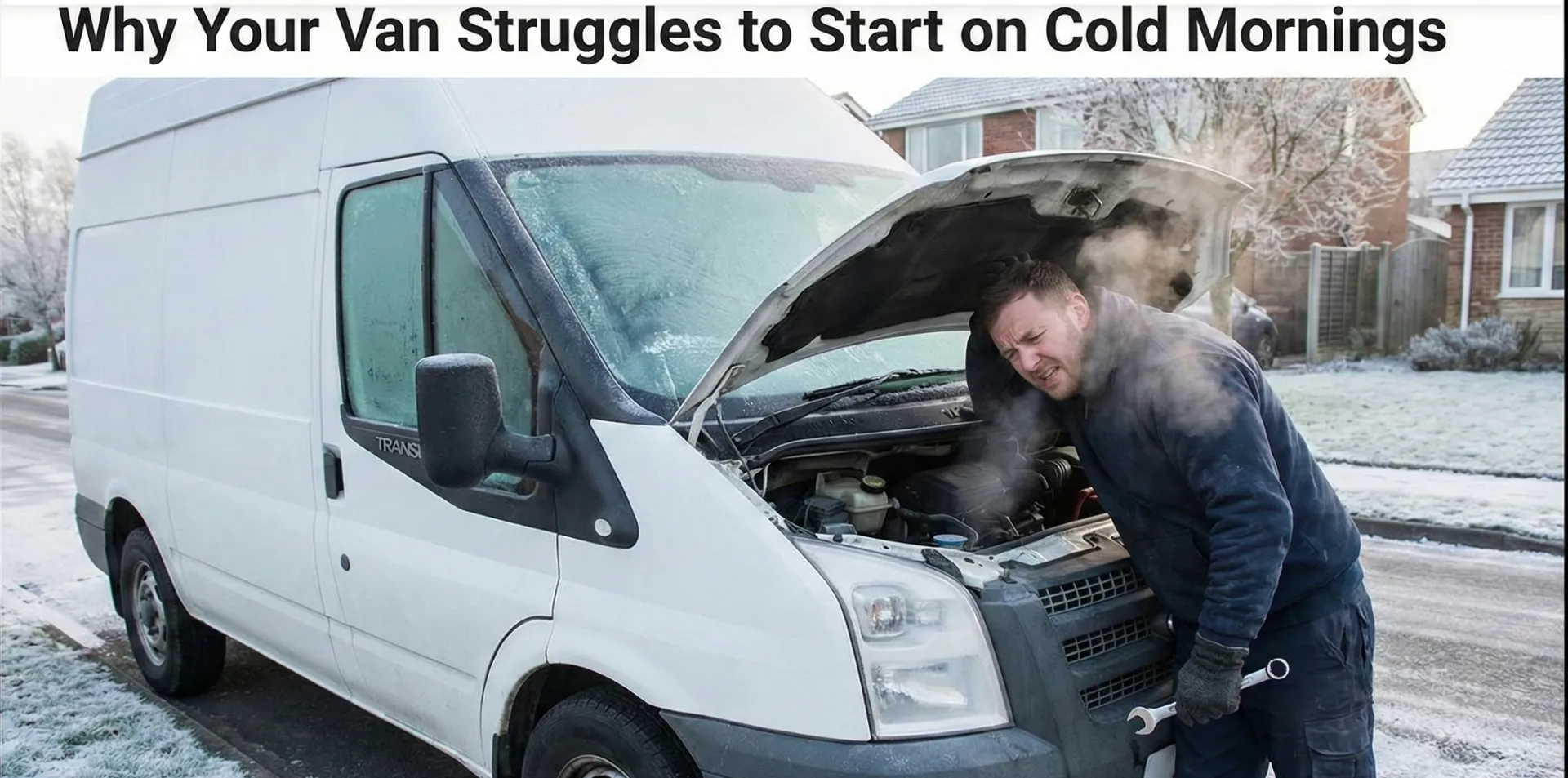 White van with bonnet open on a frosty street, driver checking the engine.